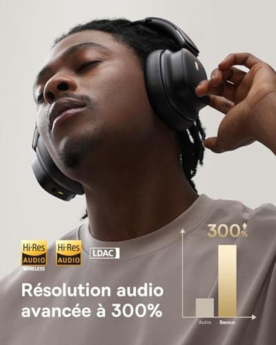 Baseus Casque Réduction De Bruit Active Avec Audio Spatial, Casque Sans-fil Bluetooth Avec LDAC Hi-Res Sound, 65H d'autonomie, Basses Profondes, Mode Transparence, EQ personnalisé via l'appli, Pliable