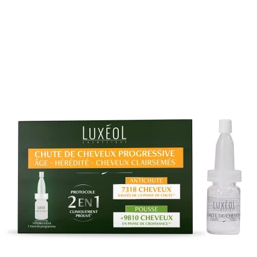 LUXÉOL - Chute De Cheveux Progressive 2 En 1 - Favorise La Croissance & Diminue La Perte Cheveux - Densifie La Chevelure - Fabriqué En France - Programme Cheveux 1 Mois - 14 Fioles De 6ml