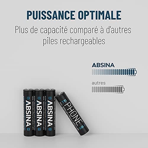 ABSINA 4X Pile Rechargeable AAA pour Téléphone 800 mAh NiMH - Piles AAA Rechargeables 1,2V pour Telephone, Piles Rechargeables, Pile AAA Rechargable, Batterie AAA Rechargeable, accu AAA Rechargeable