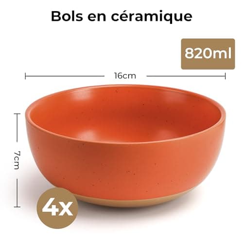MIAMIO - Ensemble de 4 bols à soupe en céramique de 750 ml/Ensemble de bols à céréales pour salade, avoine, fruit, riz - Compatible lave-vaisselle et micro-ondes - Collection Aura