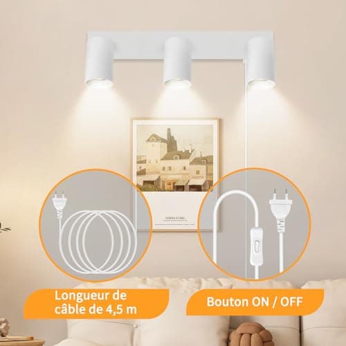 TaFiCo Applique Murale Intérieure avec Prise et Interrupteur 3 Spots - Blanc GU10 Lampe de Chevet Murale Moderne Tourner 350° - Lampe Murale pour Chambre Salon Couloir Peinture Murale - Sans Ampoules
