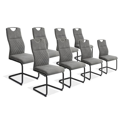 jiexi Lot de 8 chaises de salle à manger modernes avec dossier haut en tissu rembourré et assise en similicuir et pieds chromés Gris