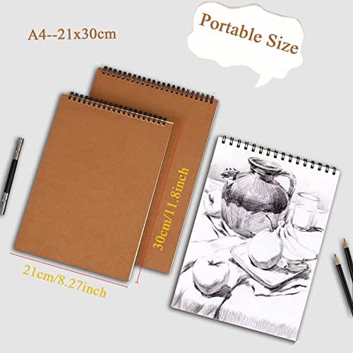 Aunphuw Carnet Dessin A4 Sketchbook 2pcs, 120GSM Reliure Spirale Papier Dessin Cahier avec Couverture Rigide de Croquis Papier sans Acide 60 Pages pour Enfant et Adultes D'artiste