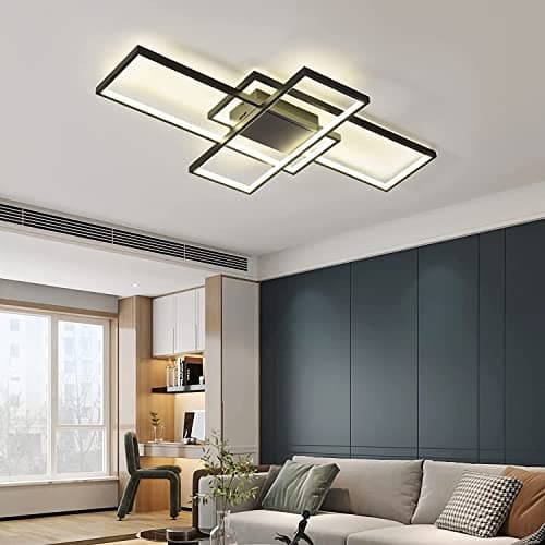 Plafonnier LED, Luminaire Salon, dimmable avec télécommande 3000K-6000K, nouveau design irrégulier lampe rectangulaire en métal acrylique cuisine lampes de décoration de chambre,Noir,90*50CM/80W
