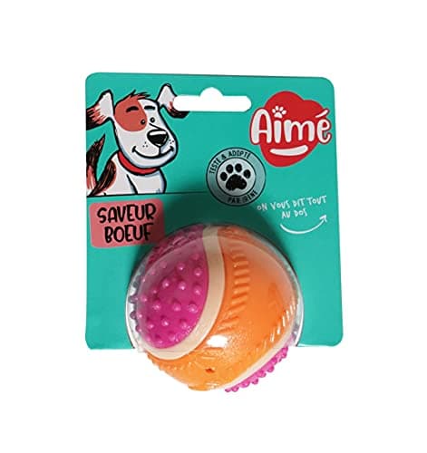 Aimé - Balle pour Chien 5 en 1 Saveur Bœuf - Jouet Interactif/Éducatif pour Développer et Stimuler les 5 Sens - Résistant Toutes Races et Tous Âges - Balle 6 cm