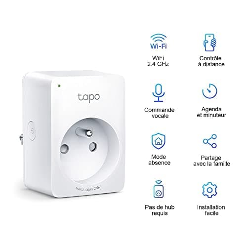 Tapo Prise Connectée WiFi, Prise Intelligente compatible avec Alexa et Google Home, 10A Type E, Contrôler le radiateur, la cafetière, la lampe à distance, aucun hub requis, Tapo P100(FR) 1 Pack