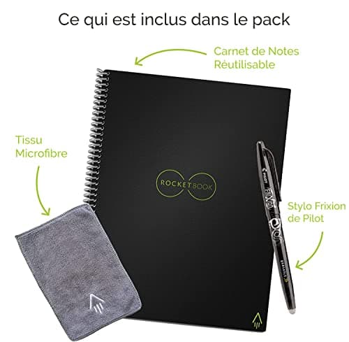 Rocketbook Core Cahier de Note Effacable - Réutilisable Bloc Note Numerique, Notebook A4 Noir Carnet Spirale Page Blanche à Pointillé, Stylo Effacables Pilot Frixion Inclus, Gadget Insolite Utile