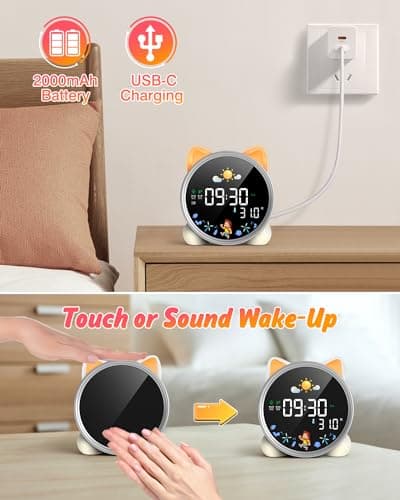 LEMNOI Réveil Educatif Jour Nuit Reveil Enfant Chatte 5 Couleurs Lumineux LED Lampe de Chevet avec Musique,Double Alarme,Température,Fonction Snooze