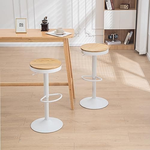 Kidol & Shellder Lot de 2 Tabourets de Bar Blanc, Bois Massif, Tabourets de Comptoir à Hauteur Réglable pour Comptoir de Cuisine, Bois Massif-Métal, Vintage Industriel Moderne