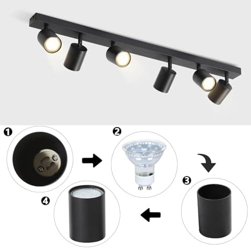 ZMH Plafonnier LED Spot de Plafond Noir : Plafonnier GU10 Spots 6 Ampoules, Spots de Plafond Orientables à 330°, Lampe de Couloir Moderne, Spot Mural Industriel pour Salon, Chambre, sans Ampoule