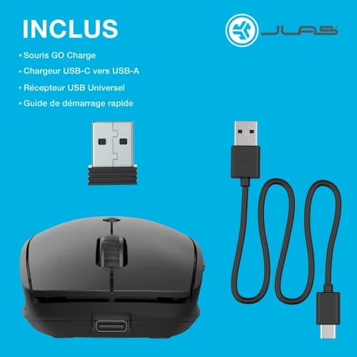 JLAB GO Charge Souris sans Fil Bluetooth, Souris Silencieuse Rechargeable et Ergonomique, Connexion Bluetooth ou Récepteur USB Multi Appareils, Souris pour PC Portable/Ordinateur/Téléphone/Tablette