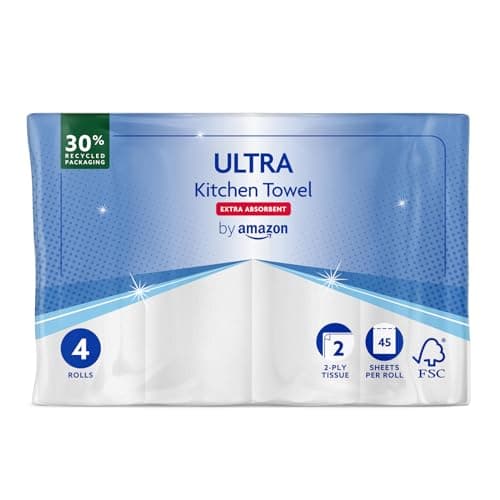 by Amazon Essuie-tout ULTRA, Extra Absorbant, 4 Rouleaux (1 Paquet de 4), 45 Feuilles par Rouleau, Essore et Réutilise, Certifié FSC