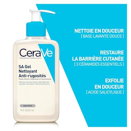 CeraVe - SA Gel Nettoyant Anti-Rugosités - Nettoie la Peau, Elimine les Rugosités - Acide Salicylique + Acide Hyaluronique + 3 Céramides Essentiels - Peau Sèche, Rugueuse, Squameuse - 564 ml