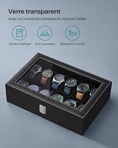 SONGMICS Boîte à Montres à 12 Emplacements, Coffret à Montres, Écrin, avec Couvercle en Verre, Coussinets Amovibles, Serrure en Métal, Revêtement en Noir et Doublure en Noir JWB12B
