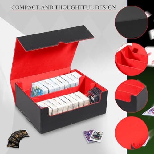 QCXWCJWD Storage Trading Cards Box Compatible avec Magic The Gathering PTCG PKM Cartes, Magnetic Deck Box pour 2400+ YGO Cartes sans Manches, Tray Long Box avec 8 Intercalaires(Noir Rouge)