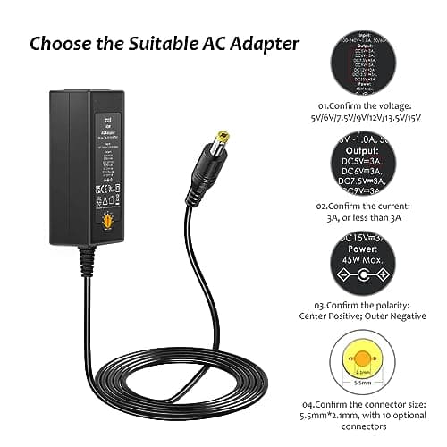 Zolt 45W Adaptateur d’Alimentation Universel AC à DC 5V 6V 7.5V 9V 12V 13.5V 15V 3A Transformateur d'alimentation à Découpage avec 10 Connecteurs DC, 3000mA Max.