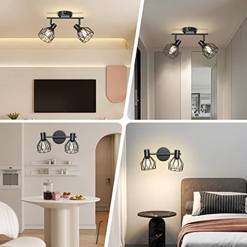 KYOTECH Plafonnier LED 2 Spots Pivotants & Orientables Rétro en Métal Noir Cage Spots de plafond Applique murale Noir Douille E14,Spot pour Cuisine Chambre Coucher,livré sans ampoules