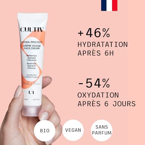 Cultiv Cosmetique - Crème hydratante jour & nuit 40ml - Hydratation longue durée - Peaux sèches à normales- Non comédogène, Non grasse, Sans parfum - 99% Ingrédients Naturels - Bio et Vegan