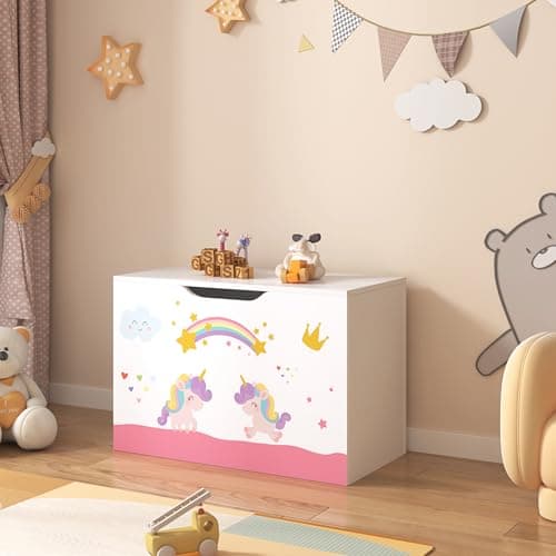 [en.casa] Coffre à Jouets pour Enfant Meuble de Rangement à Couvercle Rabattable Banc à Motif Licornes Capacité de Charge 70 kg Panneau de Particules 40 x 60 x 30 cm Blanc Violet Rose