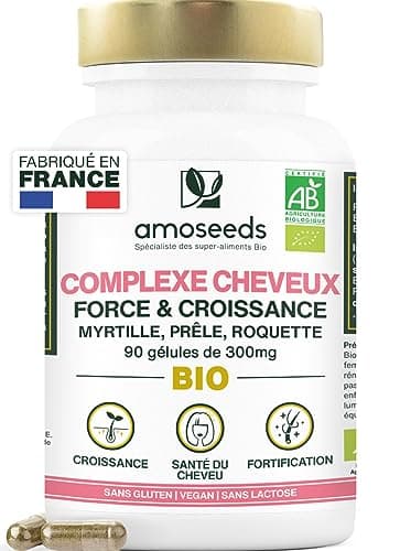 Cheveux BIO | Force & Croissance | Stimule la Pousse, Fortifie les Cheveux | Myrtille, Prêle, Roquette | 90 gélules de 300mg | Qualité Supérieure