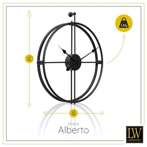 LW Collection Horloge Murale Alberto Noir 62 cm - Grande Horloge Murale Industrielle en Métal - Horloge Murale Moderne - Mouvement Silencieux - Horloge Silencieuse