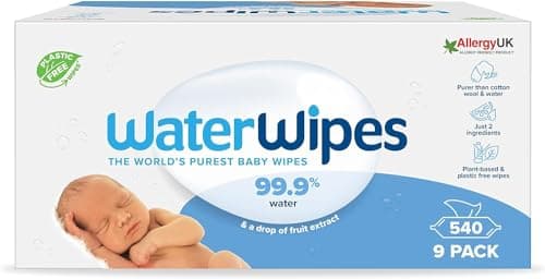 WaterWipes Lingettes Bébés Originales Exemptes De Plastique, 540 Unités (9 Paquets), Lingettes à Base d'Eau à 99,9 %, Non Parfumées pour les Peaux Sensibles