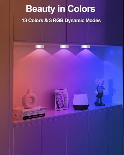 Kinamy Lampe Placard Detecteur de Mouvement, Eclairage LED Cuisine Sous Meuble 3 Pièce Rechargeable, Spot Led Sans Fil avec Telecommande 13 Couleur RGB Dimmable, Lumiere Armoire pour Escalier Vitrines