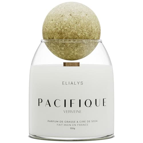 ELIALYS Bougie Parfumée Artisanale au Parfum de Grasse, VERVEINE, Mèche en Bois Crépitante - PACIFIQUE, 350g, ±70 heures de combustion, Fabriquée en France - Parfum Intense & Longue durée