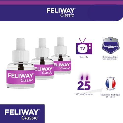 FELIWAY Classic - Pack 3 Recharges - La Solution Conçue pour Réduire Les Signes de Stress de Votre Chat : Griffures, Marquages Urinaire, Peurs - Scientifiquement Prouvé - 3 Recharges (3X 30 Jours)