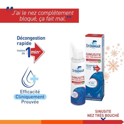 STÉRIMAR Sinusite Nez Très Bouché - Spray Nasal Décongestionnant, Agit en Moins d'1 Minute, à l'Eau de Mer 100% Naturelle & Cuivre/Eucalyptus/Acides Hyaluroniques, Formule Hypertonique, 50 ml