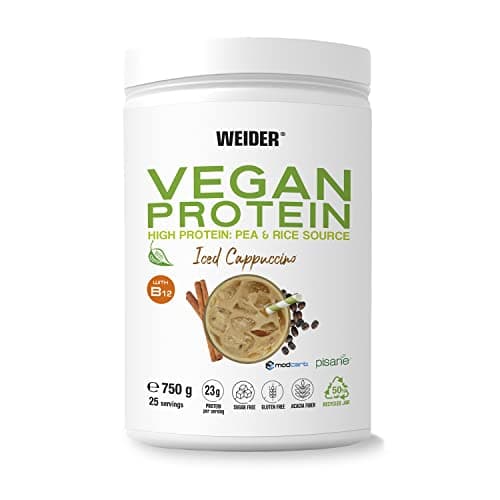 Weider Vegan Protein (750g) Goût Cappuccino. Protéines 100% Vegetal 23g/dose, Pois (Isolat Pisane) & Riz. Avec Vitamine B12 & Stevia. Sans Gluten, Sans Sucre. Emballage 50% Recyclé, 100% Recyclable