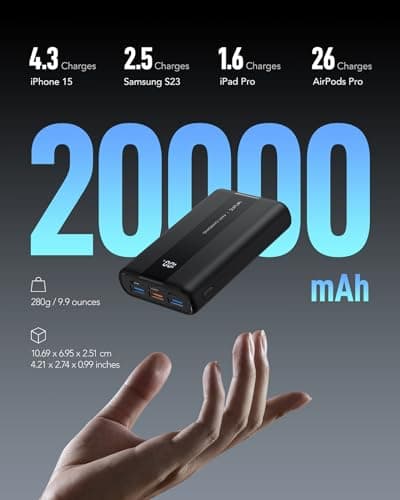 VRURC Batterie Externe 20000mAh USB C Mini Power Bank Charge Rapide 22.5W Batterie Portable avec 3 Ports USB Sortie et LED Display pour Samsung, iPhone,Huawei,Xiaomi etc