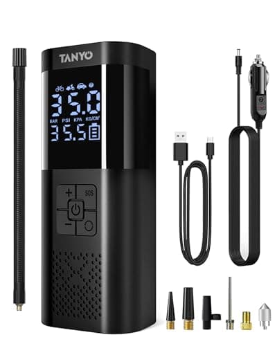 TANYO Compresseur à Air Portatif, 150PSI Gonfleur Pneus Voiture sans Fil avec Lumière LED, Pompe a Velo Electrique, Mini Compresseur Voiture 12V DC pour Vélo, Moto, Scoote, Balle