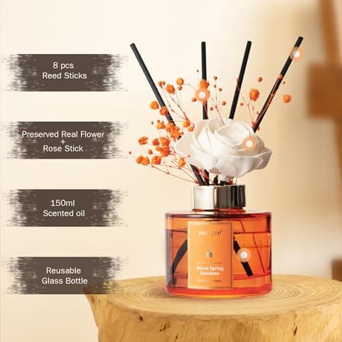 Airkeep Diffuseur de Parfum 150ml, Warm Spring Sunshine Reed Diffuser Set, Rose Parfum d Ambiance Maison, Decoration pour Chambre, Salon, Salle de Bain, Bureau