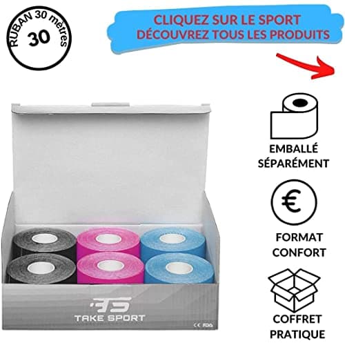 TAKE SPORT Ruban de kinésiologie, bande kinesiologie, tape kinesiologie, k tape, kinesio tape, ktape, k-tape, kinesiologie, taping kiné, k tape, kinesiologie, 6 rouleaux 5x5m, 95% coton, 5% élasthanne