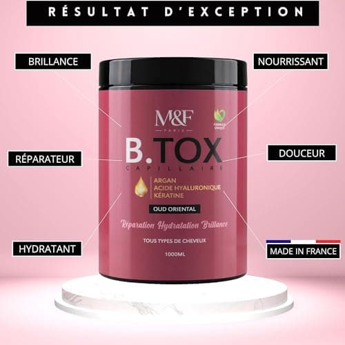 M&F Paris - B.TOX Capillaire Professionnel, Masque à la Kératine, Argan, Acide hyaluronique, Sans Sulfates, Parabènes Formol, Masque Hydratant, Réparateur, Lissant, Soin Tous Types de Cheveux, 1000 ml