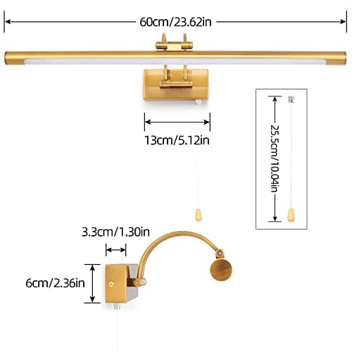 MantoLite 60CM 12W Applique Murale pour Tableaux et Vitrines, LED Miroir Salle de Bains Lumière Avec tête de Lampe Pivotante et Interrupteur Intérieur Éclairage, 3000K Laiton Lampes de Lecture