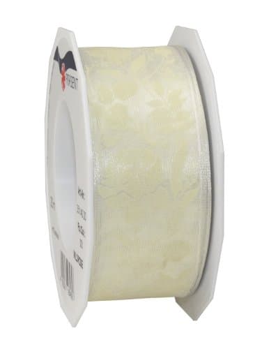 Präsent Ruban en Organza renforcé par Fil de Fer Motif Rose Sauvage Crème 40 mm x 20 m