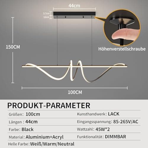 Mikeru Lampe Pendante Led Moderne De 100cm, Dimmable pour Îlot De Cuisine Avec 3000/4500/6000k 3 Couleurs De Lumière 10% -100% De Luminosité Ajustable Avec Télécommande pour Salle À Manger, Bureau