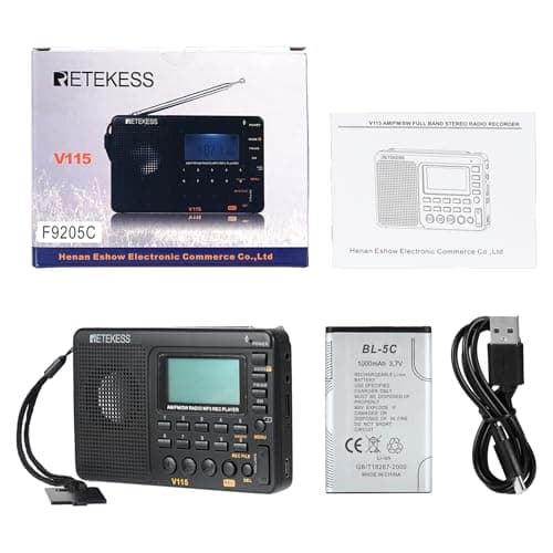 Retekess V115 Radio Portable,Petite Radio Rechargeable,FM AM SW, Piles et Secteur,Carte TF,Enregistreur, MP3,Minuterie de Sommeil,Salle de Bain,Cuisine(Noir)
