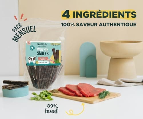Wolf Belly - Friandises pour Chien Naturel (28 unités) 89% Bœuf et Origan sans Céréales | Hygiène Bucco-Dentaire & Haleine Fraîche | Stick Chien Riche en Protéines | Goût Irrésistible