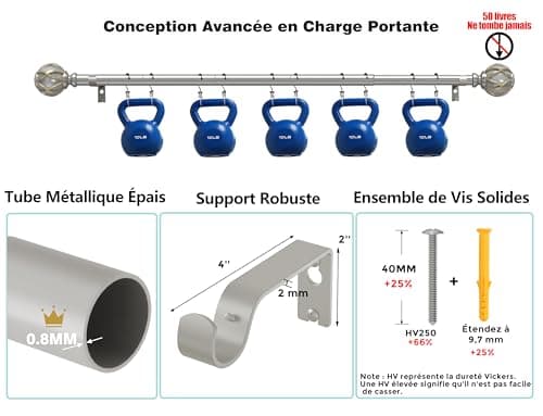 Tringles à rideaux,Épaisseur de la paroi du tube, Non Pliante, Tringle de rideau simple télescopique de 45 à 230 cm (17.7-91.0 pouces), Tringles à rideaux argentées pour fenêtres de 40 à 225 cm