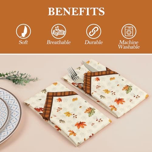 Arquiel Serviettes de Automne Feuille Table Lot de 4, Serviettes en Tissu 100% Coton Doux et Confortable Réutilisables Serviettes pour Le Dîner en Famille Mariage Cocktail Cuisine(45cm×45cm)