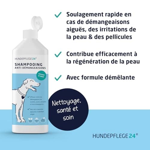 Hundepflege24 Shampooing Chien Antidémangeaison 500ml - Aide Contre Les démangeaisons, acariens, puces & infections fongiques - Shampooing Naturel pour Chien + Nettoyage et Soin antibactérien