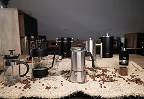Milu cafetière Italienne Induction | 2, 4, 6, 9 Tasses | Cafetière Moka en INOX, Espresso Maker Acier Inoxydable, Ensemble comprenant un sous-verre, une cuillère, un pinceau (6 tasses 300ml)