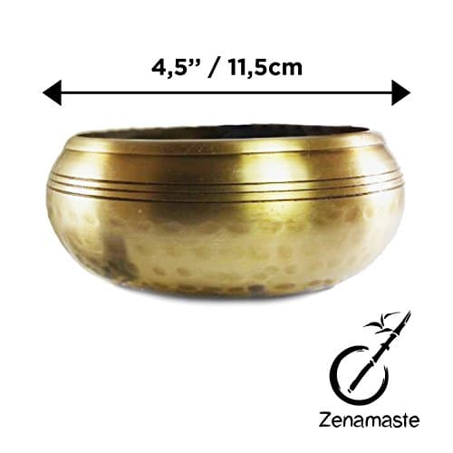 Zenamaste • Bol Tibétain Chantant Méditation Fait à la main à Bhaktapur (Népal) - 450gr ⌀11,5cm - Coffret Zen - Papier népalais - Coussin Bol Chantant (Métaux Anciens Chakra) - Maillet Bois