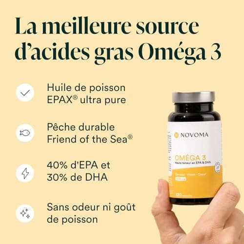 NOVOMA Oméga 3 Huile de Poisson Epax® 2000mg /j, Pure et Concentrée, 120 capsules, Riche en EPA et DHA & Vitamine E, Omega 3 Fish Oil Sans Odeur, Fabriqué en France