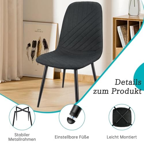 LEWE Chaises de Salle à Manger Lot de 4, Chaise de Cuisine avec Dossier, Toile de Lin Chaise Rembourrée avec Pied Métallique, pour Salle à Manger, Salon, Cuisine et Chambre à Coucher
