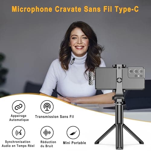 Micro Cravate sans Fil Professionnel pour iPhone/Android/Caméra, Microphone Lavalier sans Fil pour Enregistrement Vidéo, Vlogging, TikTok, YouTube, Réduction du Bruit, Plug & Play - Pack de 2 Micros