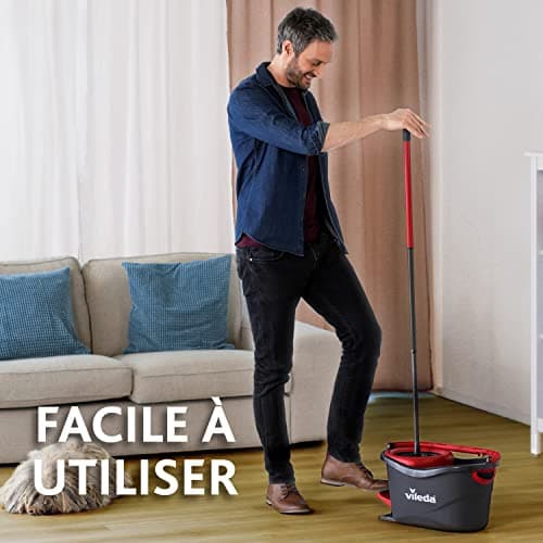 Vileda Turbo Balai avec Seau à pédale, Manche télescopique 85-130 cm, Balai à Franges avec essoreur Rotatif, Franges en Microfibres 2en1, Balai et Seau à pédale Gris